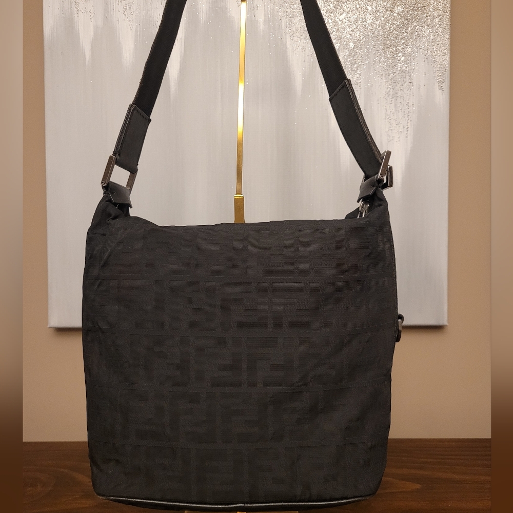 Fendi FF Black Nylon and Leather Zucca Print Shoulder Bag